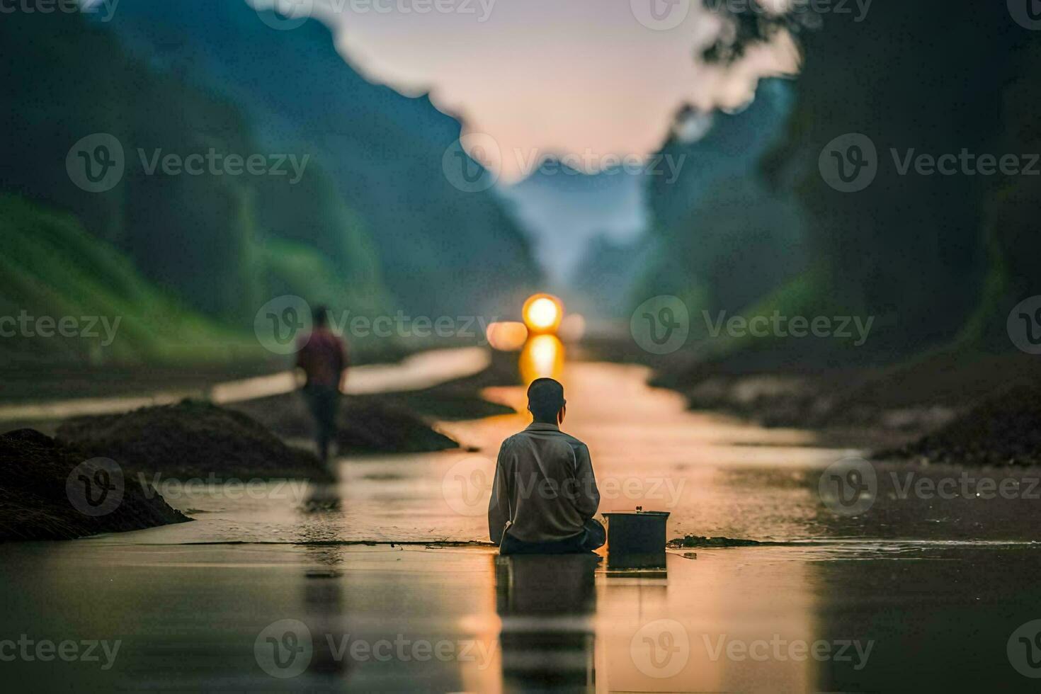 un' uomo seduta su il bordo di un' fiume a tramonto. ai-generato foto