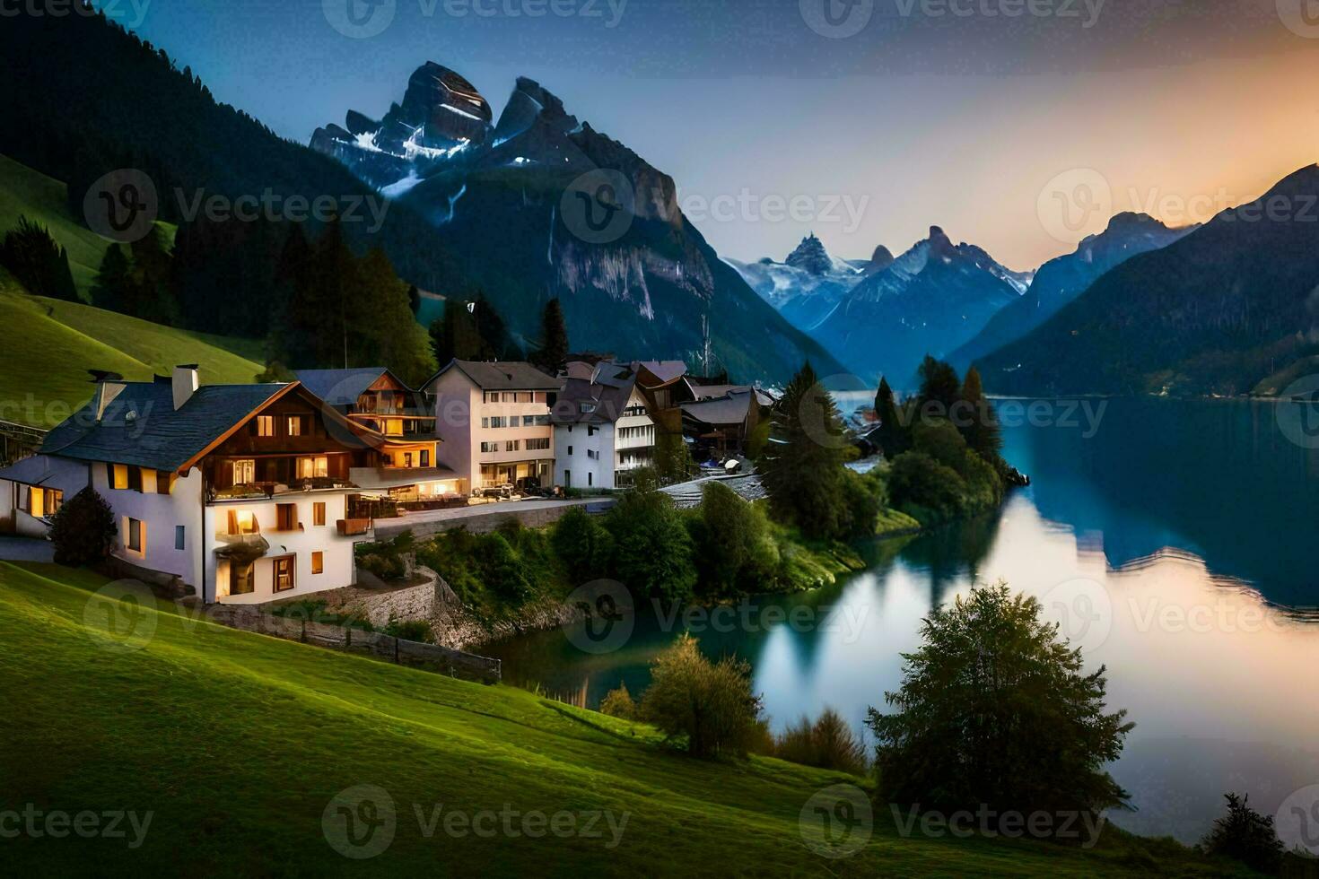 un' bellissimo tramonto al di sopra di un' lago e montagne. ai-generato foto