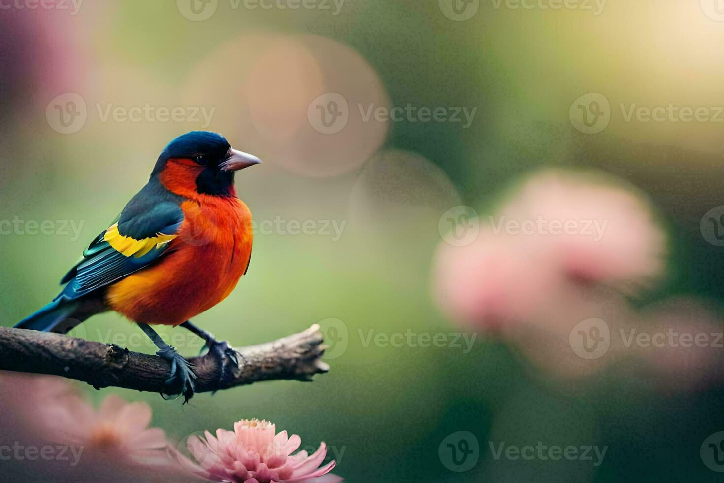 un' colorato uccello si siede su un' ramo con rosa fiori. ai-generato foto