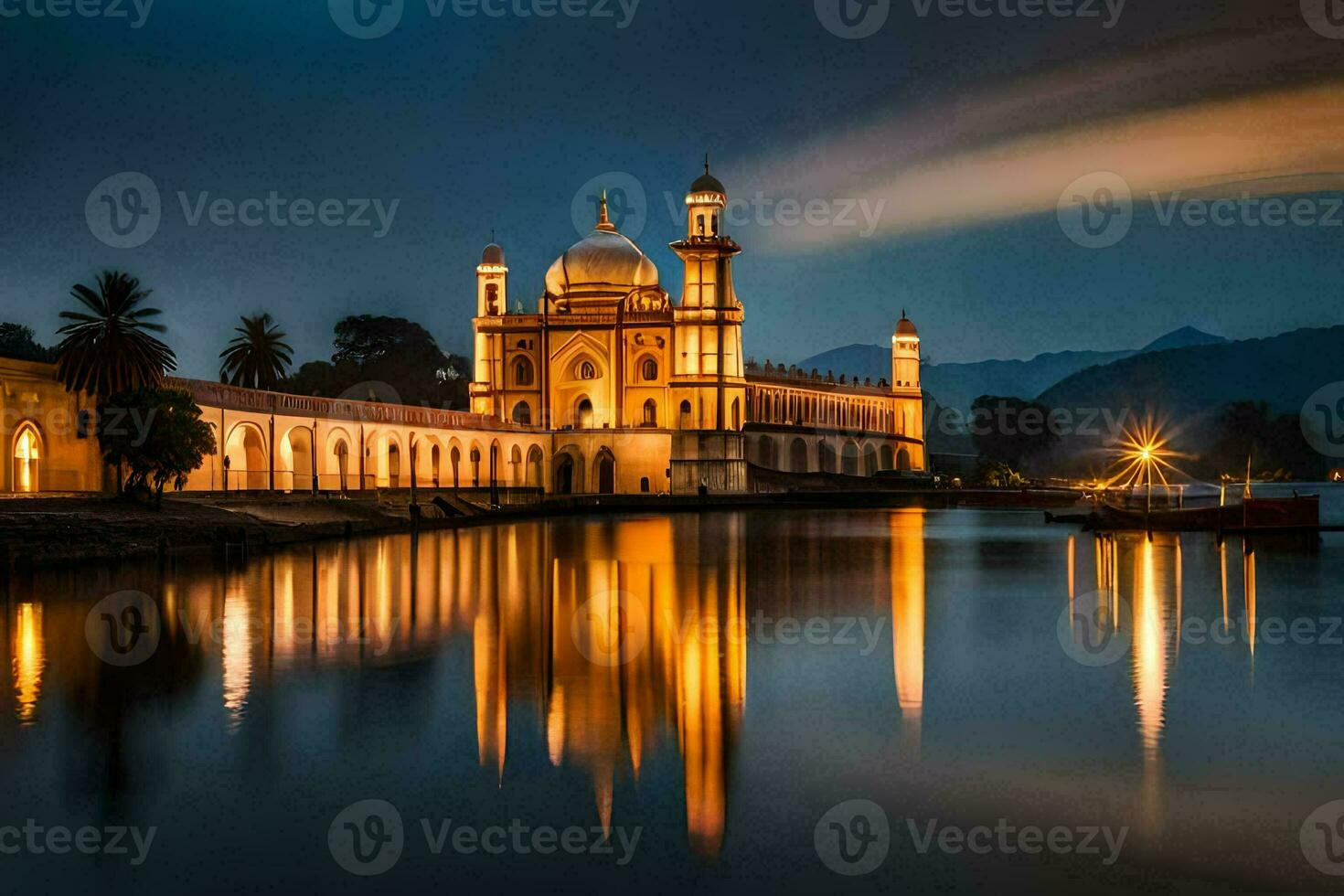 il moschea è illuminato su a notte con un' barca nel il acqua. ai-generato foto