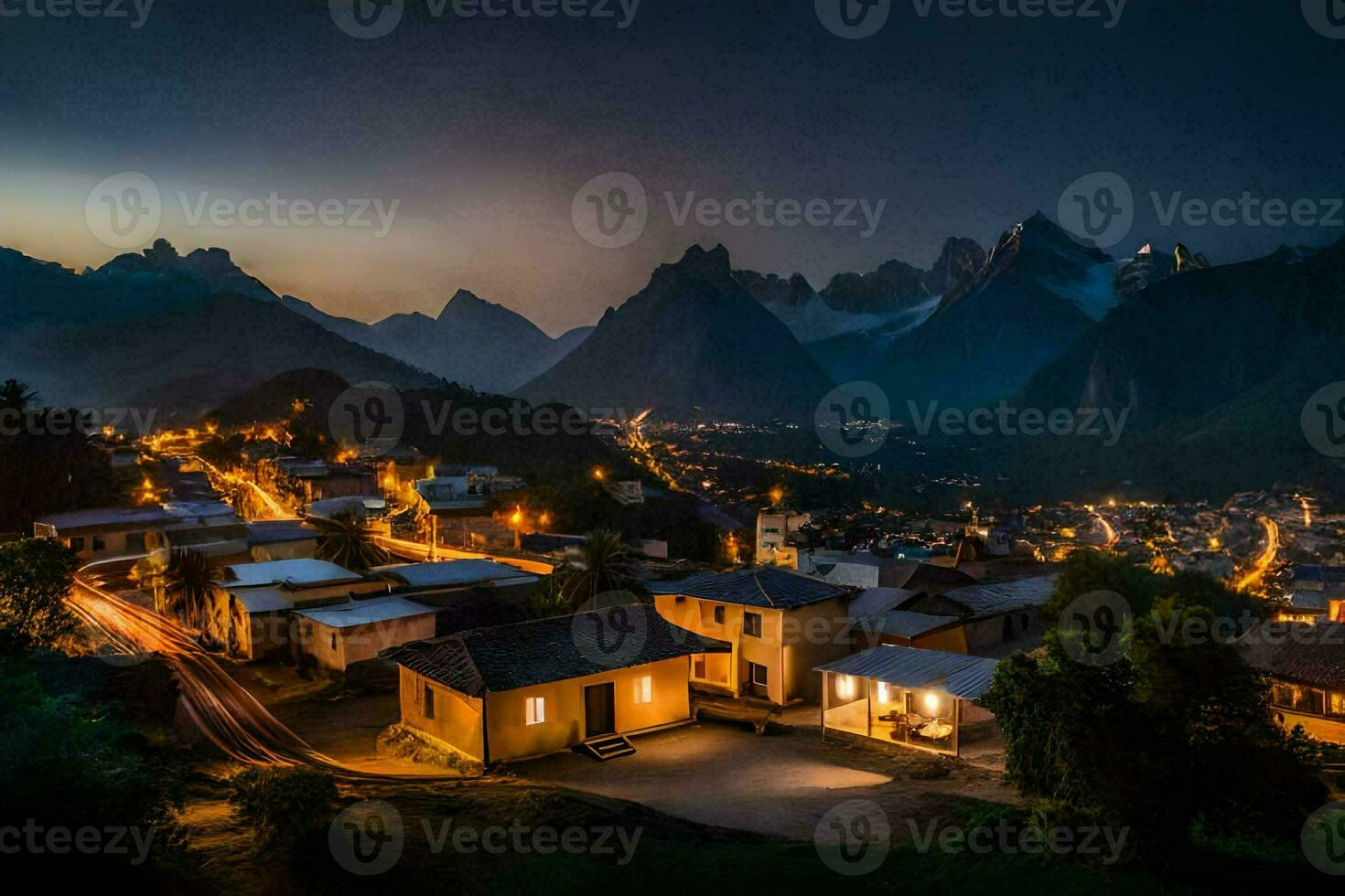 foto sfondo il cielo, montagne, notte, il villaggio, il montagne, il villaggio, il. ai-generato