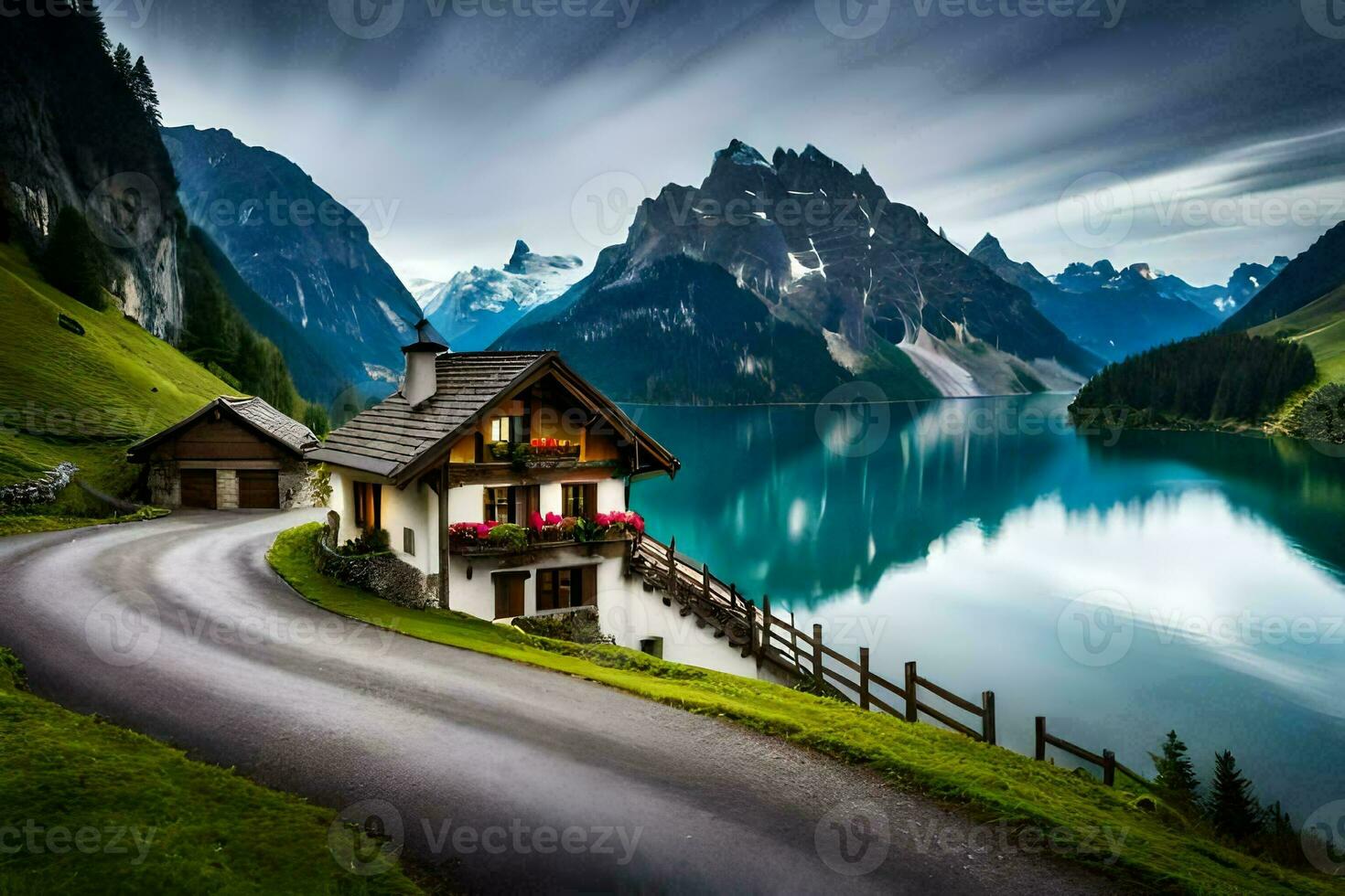 un' Casa si siede su il lato di un' montagna prospiciente un' lago. ai-generato foto