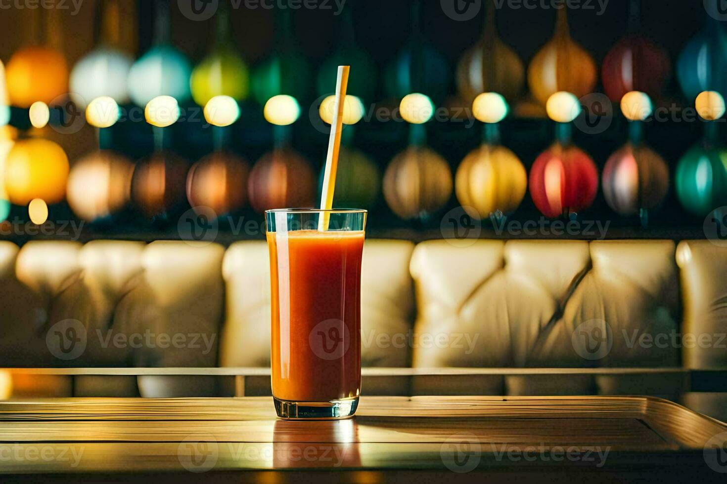 un' bicchiere di arancia succo seduta su un' tavolo nel davanti di un' parete di colorato luci. ai-generato foto