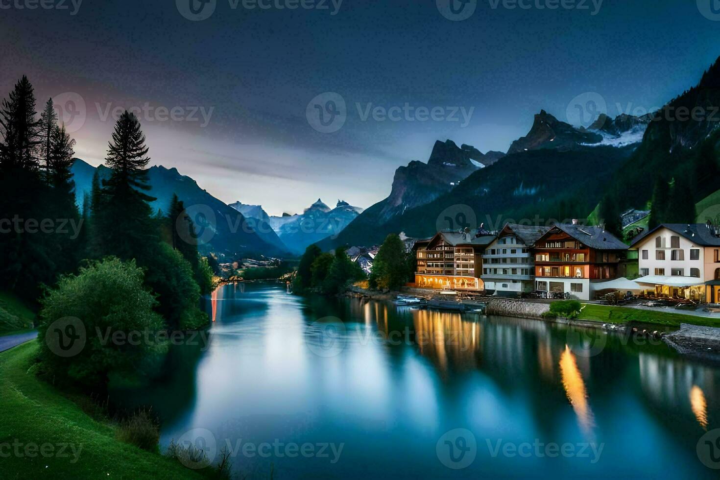 un' fiume e case nel il montagne a crepuscolo. ai-generato foto