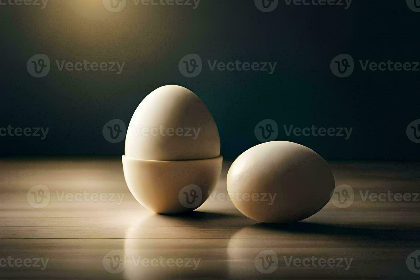 Due uova su un' tavolo con un' leggero dietro a loro. ai-generato foto