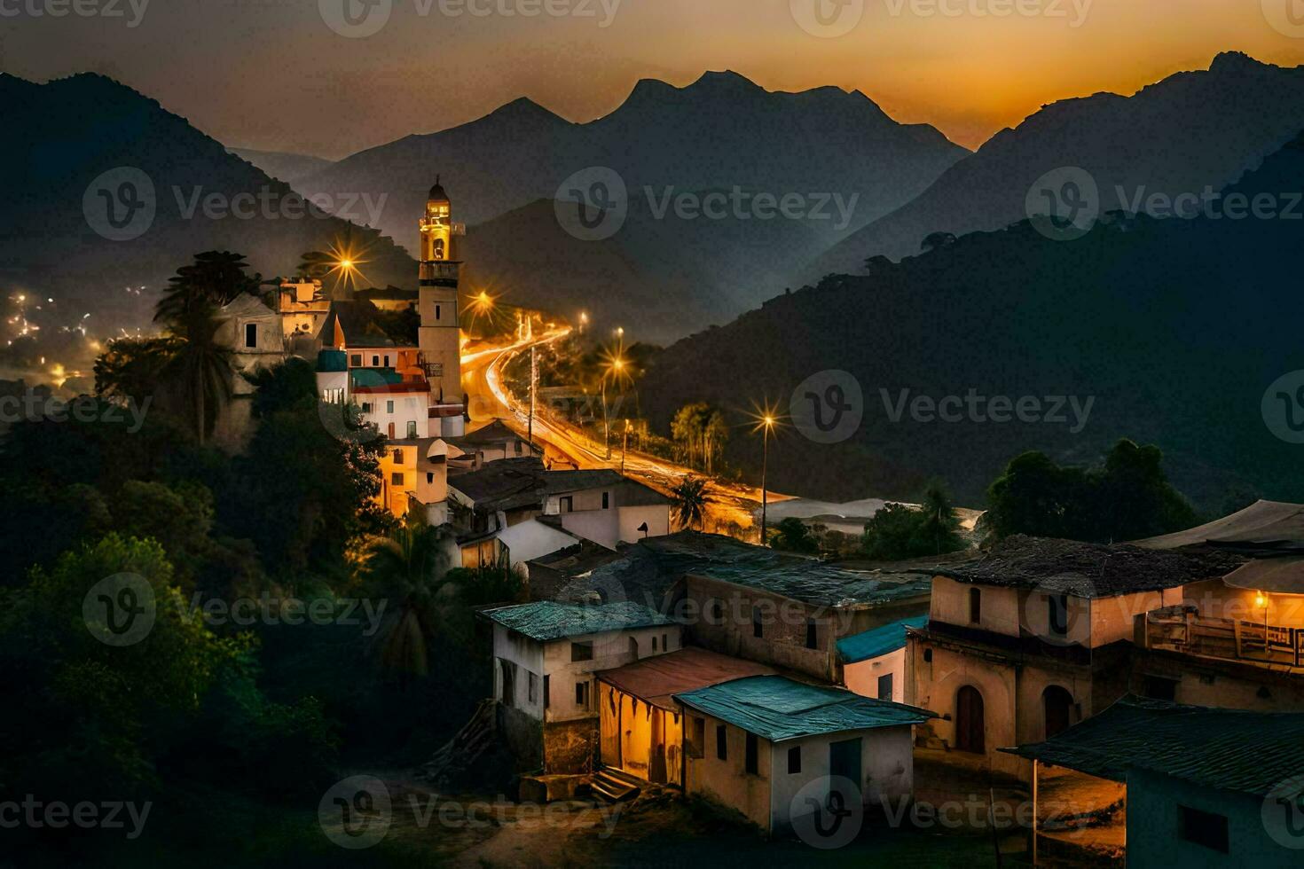 un' villaggio nel il montagne a crepuscolo. ai-generato foto