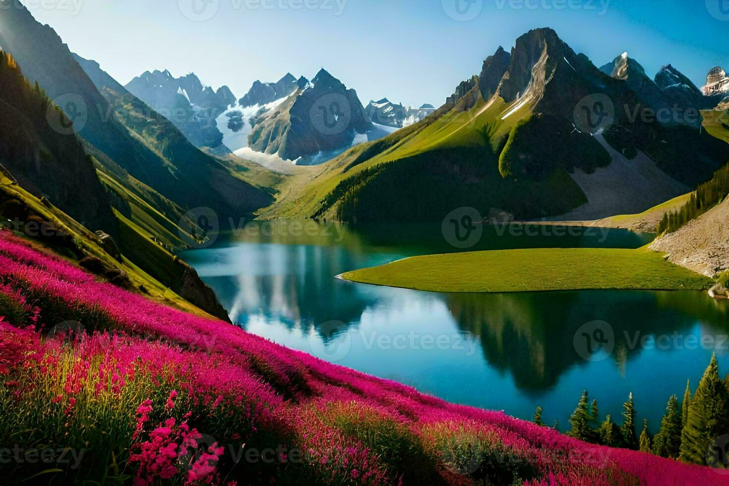 il bellissimo paesaggio di il montagne e lago. ai-generato foto
