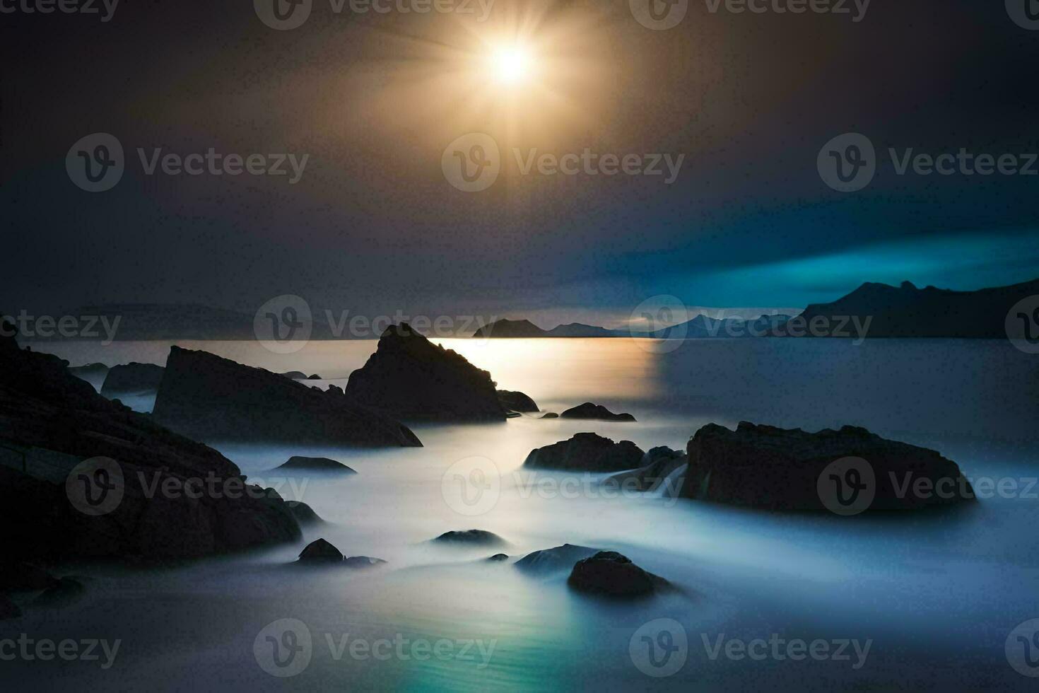 un' pieno Luna brilla al di sopra di il oceano e rocce. ai-generato foto