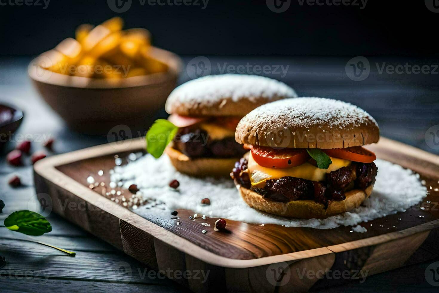 Due hamburger su un' di legno taglio tavola. ai-generato foto