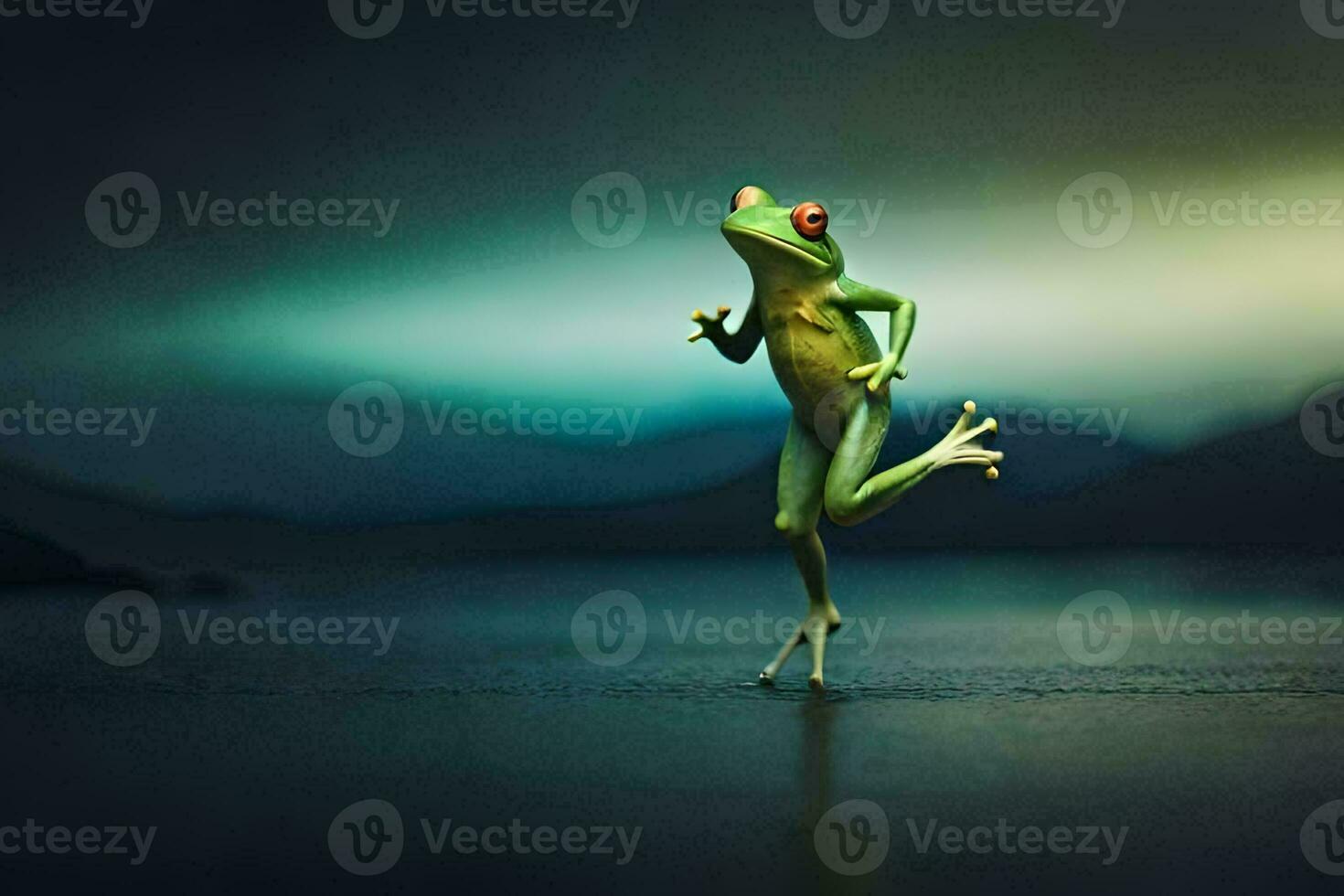un' rana salto su il acqua con un' buio sfondo. ai-generato foto
