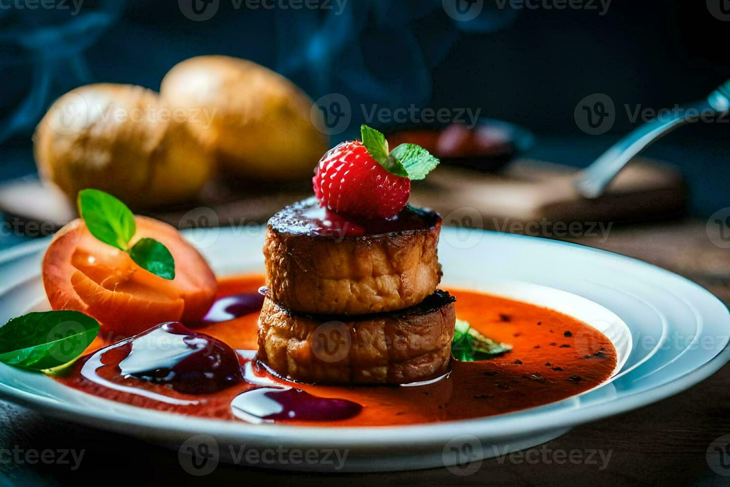 un' piatto con un' carne piatto e un' fragola. ai-generato foto