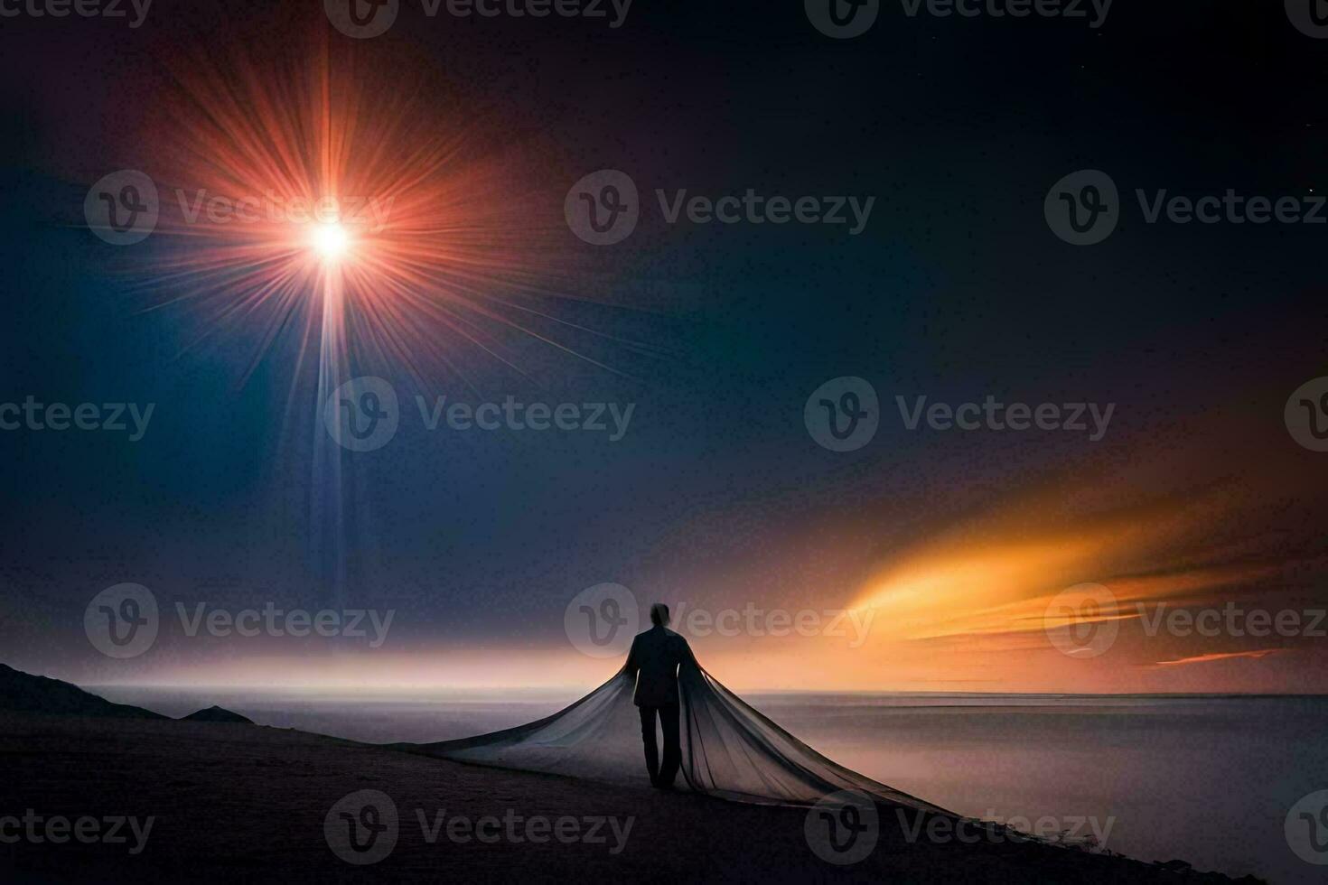 un' uomo in piedi su il spiaggia con un' stella splendente sopra lui. ai-generato foto