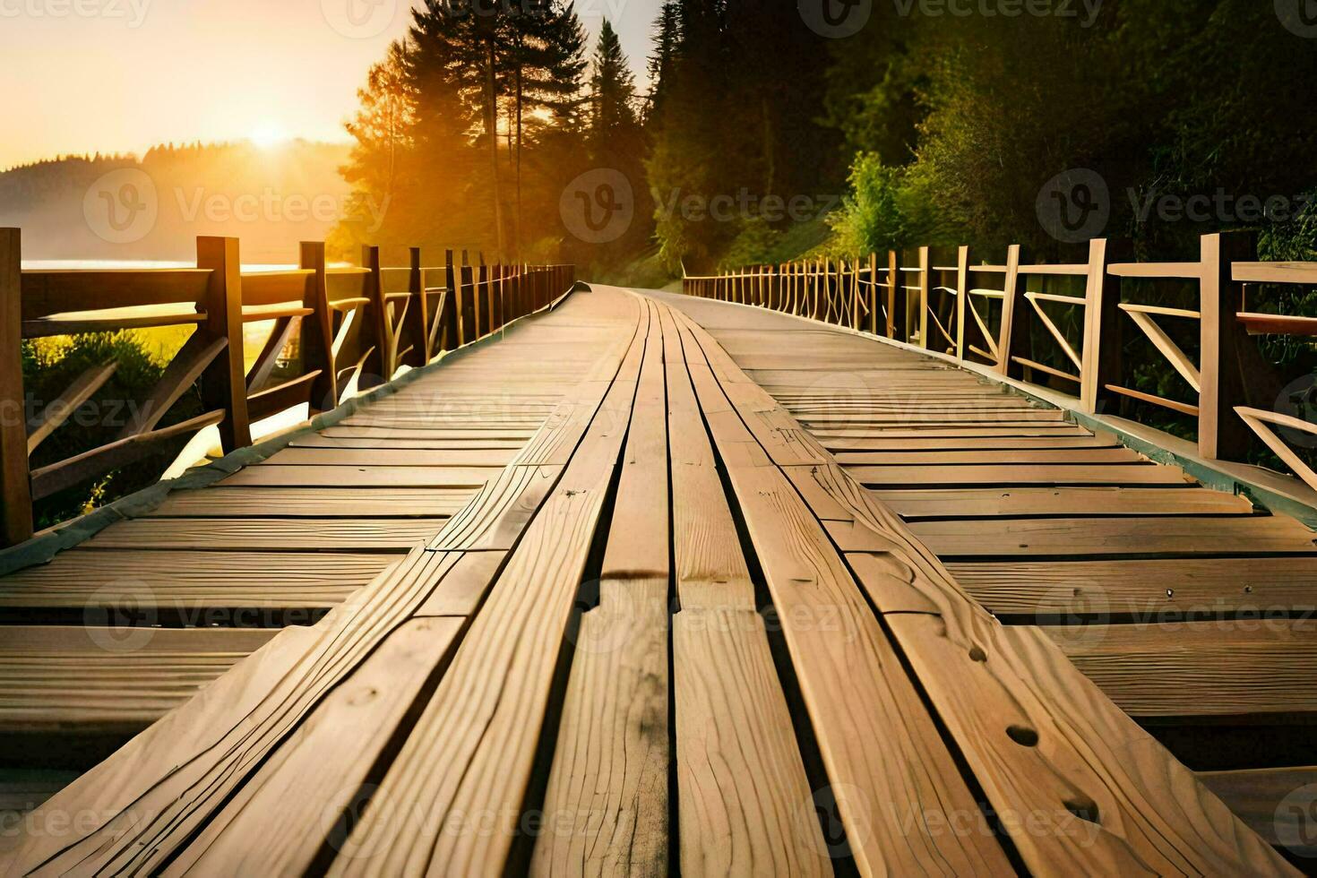 un' di legno ponte al di sopra di un' lago a tramonto. ai-generato foto