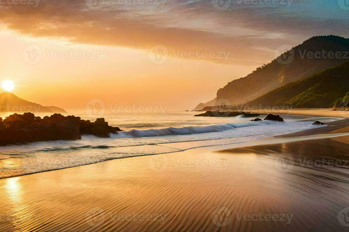 il sole imposta al di sopra di il oceano e un' spiaggia. ai-generato foto