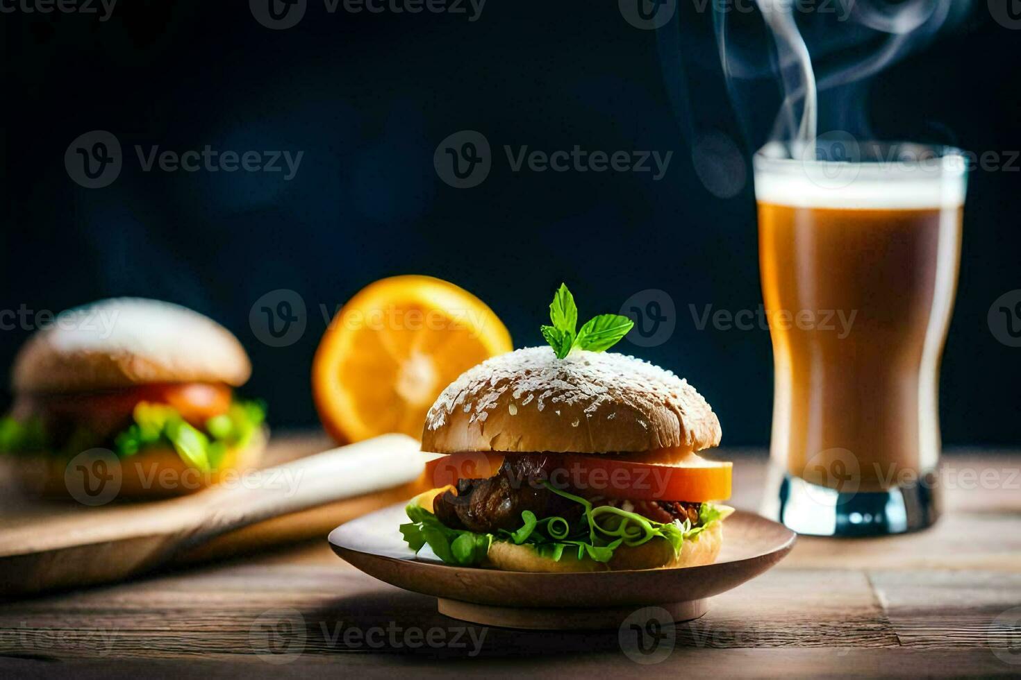 Due hamburger sedersi su un' di legno tavolo Il prossimo per un' bicchiere di birra. ai-generato foto