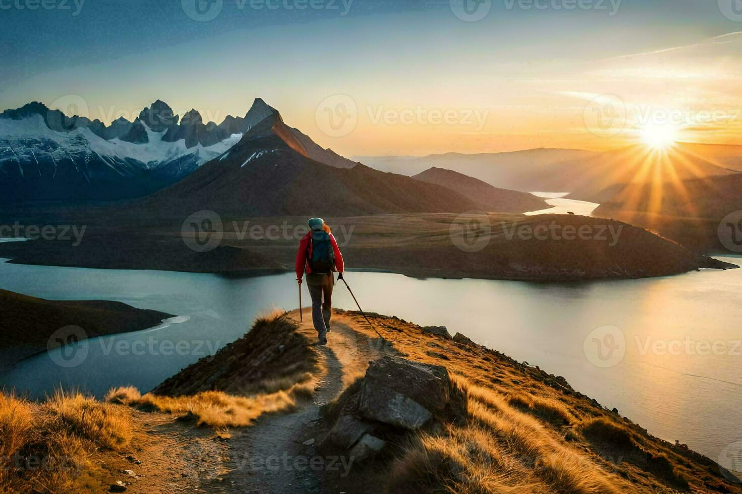 un' persona a piedi su il sentiero nel il montagne. ai-generato foto