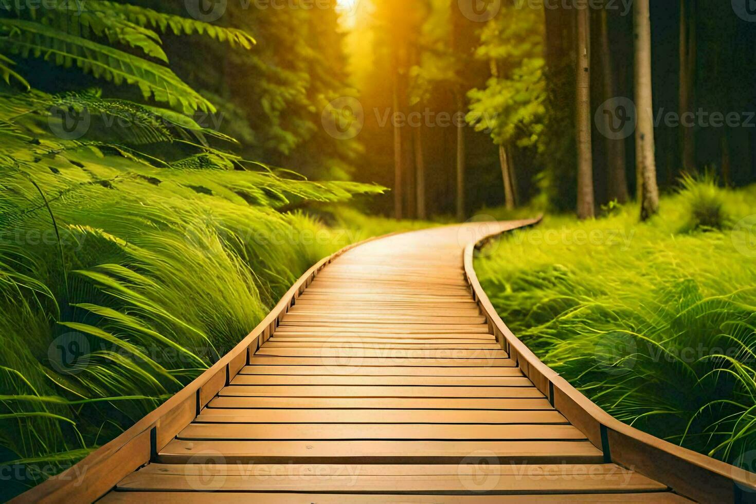 un' di legno sentiero nel il foresta con luce del sole splendente attraverso. ai-generato foto