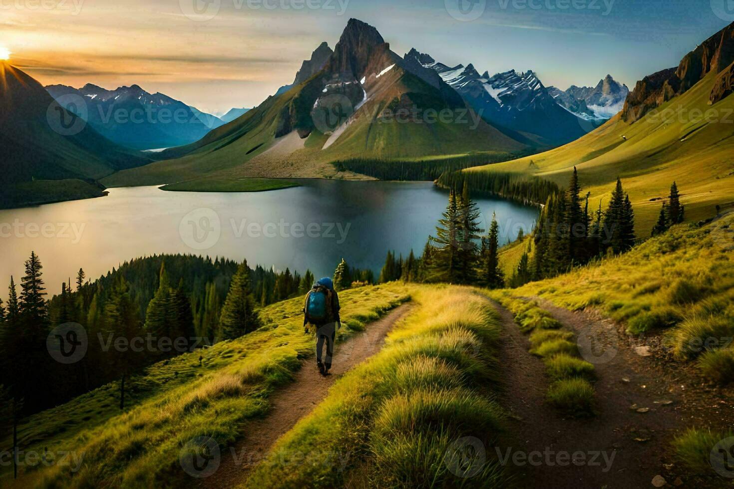 un' persona passeggiate lungo un' sentiero nel il montagne a tramonto. ai-generato foto