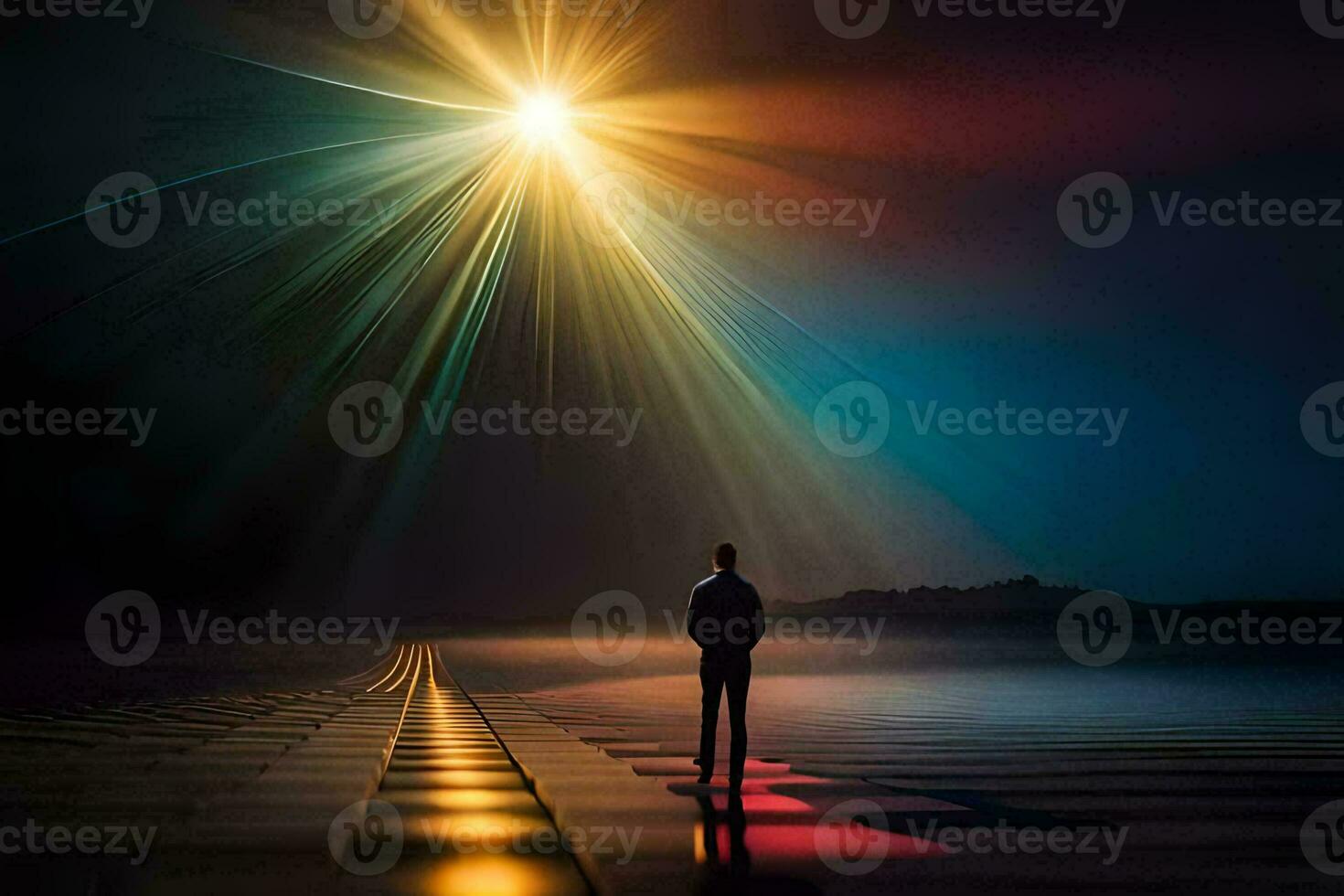 un' uomo in piedi su un' strada guardare a il sole. ai-generato foto