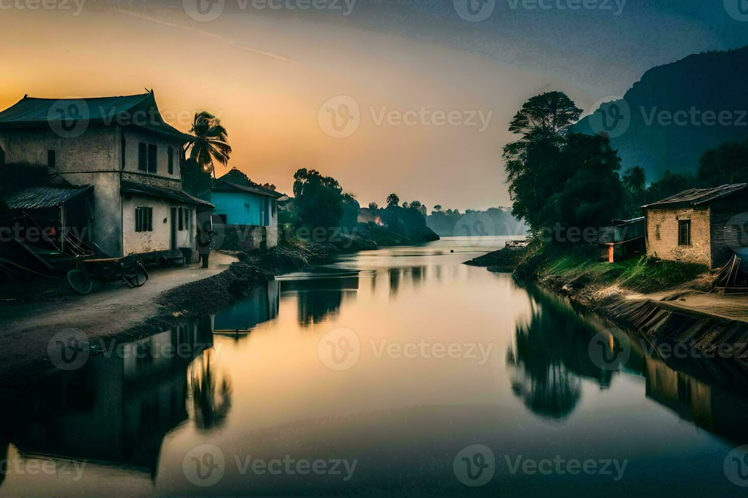 un' fiume nel il mezzo di un' villaggio a tramonto. ai-generato foto