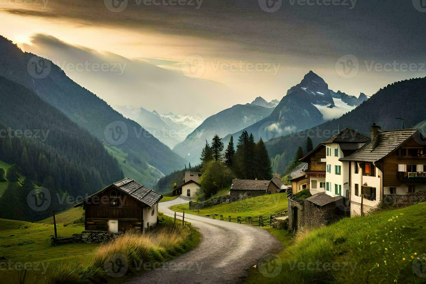 un' strada nel il montagne con case e montagne. ai-generato foto