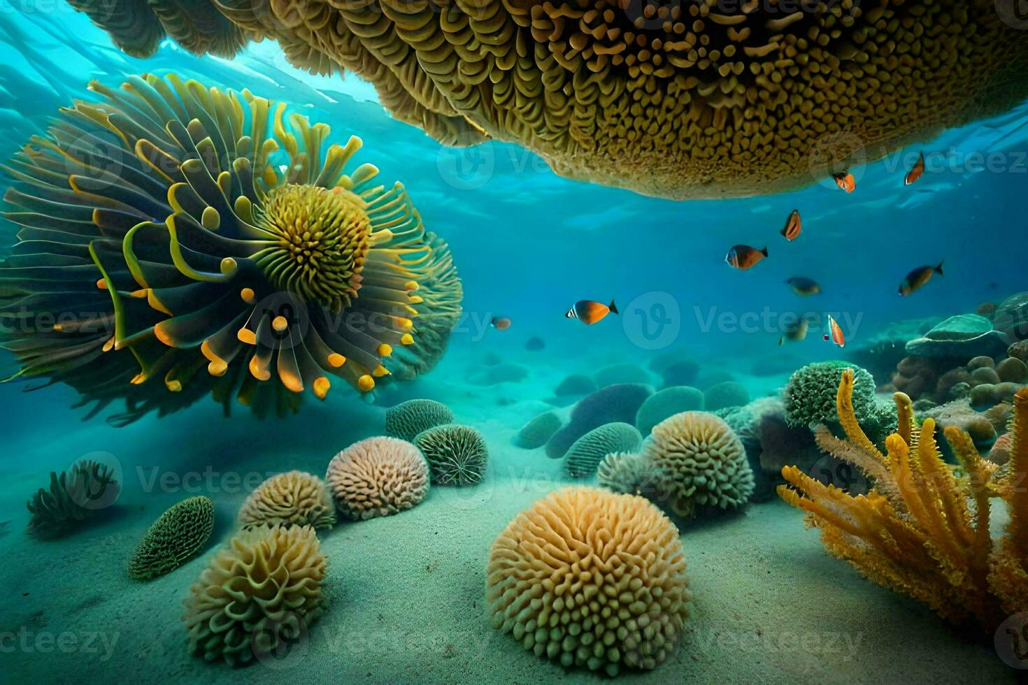 un subacqueo scena con molti coralli e un anemone. ai-generato foto