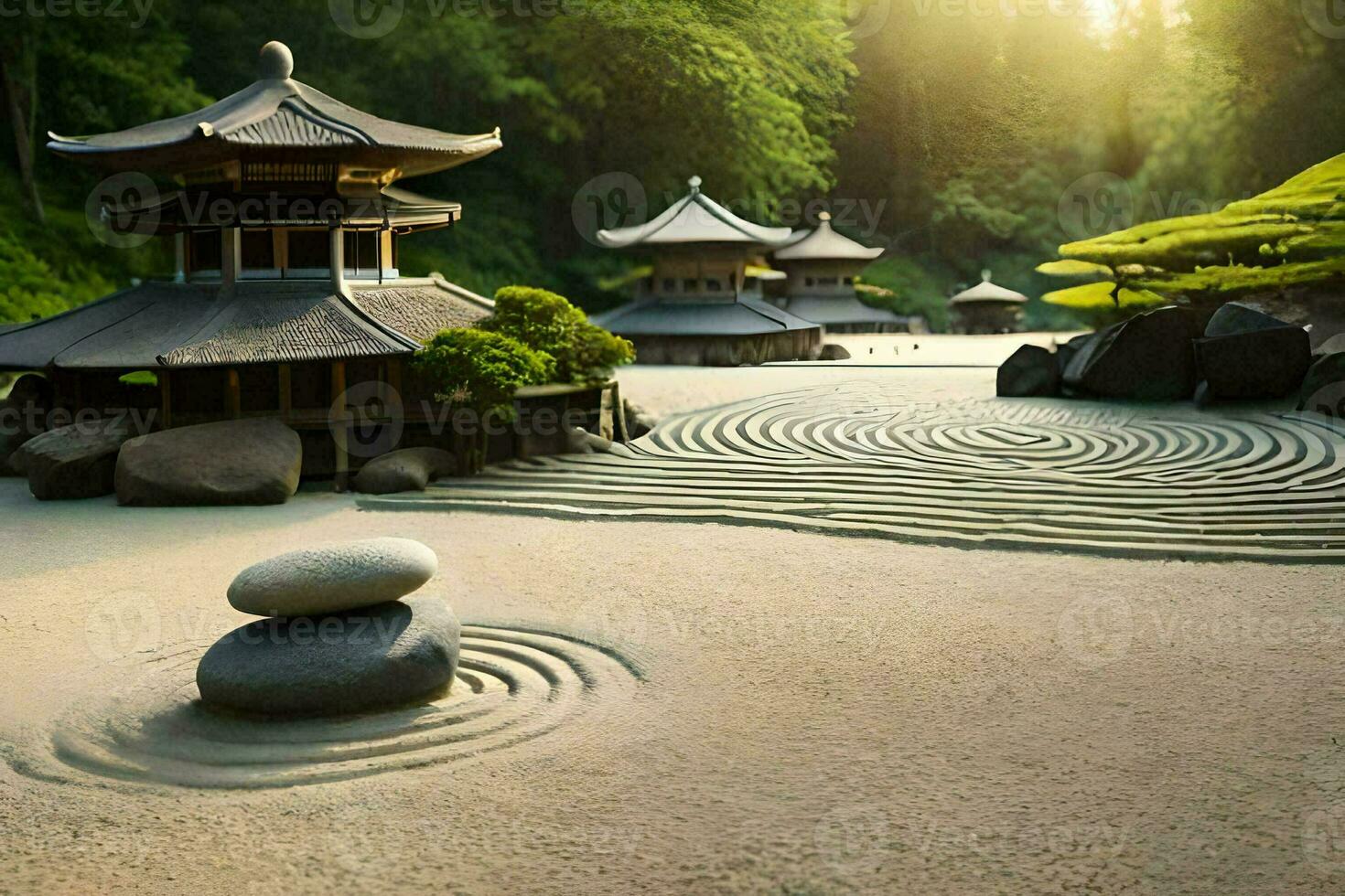 un' zen giardino con rocce e pagode. ai-generato foto