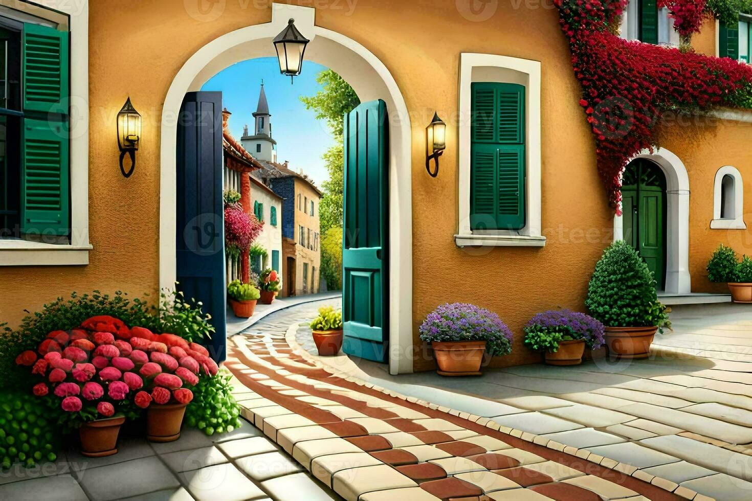 un artistico pittura di un' strada con fiori e verde porte. ai-generato foto