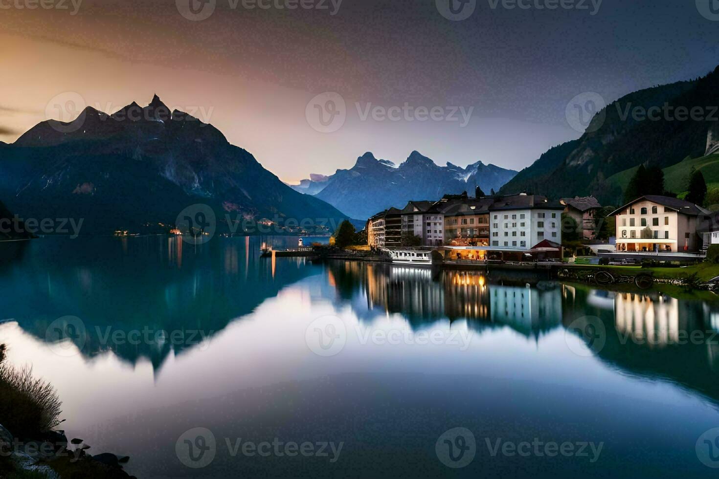 un' bellissimo lago e montagna cittadina a crepuscolo. ai-generato foto