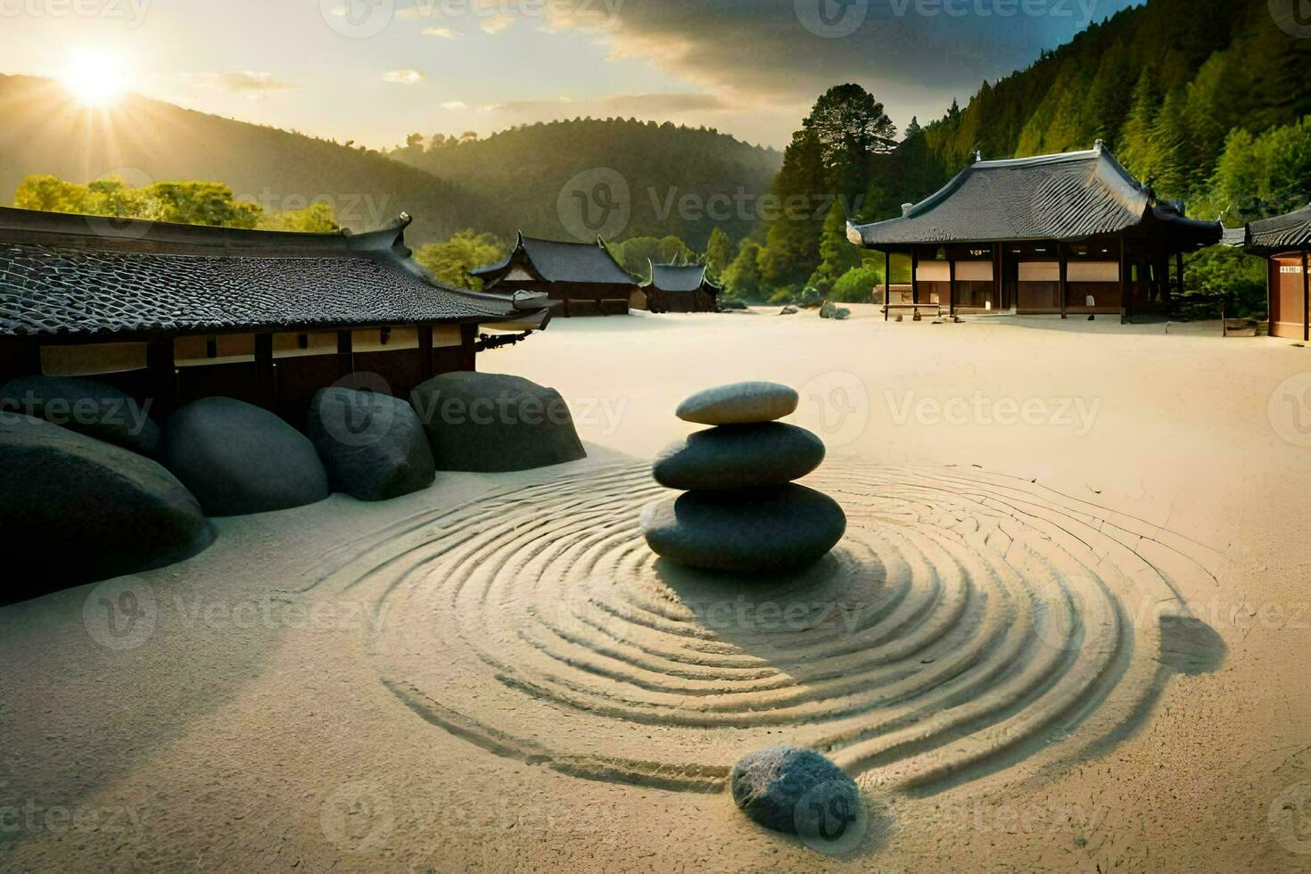 un' zen giardino con rocce e un' pagoda nel il sfondo. ai-generato foto