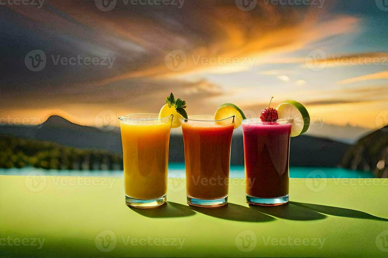 tre bicchieri di succo con un' tramonto nel il sfondo. ai-generato foto