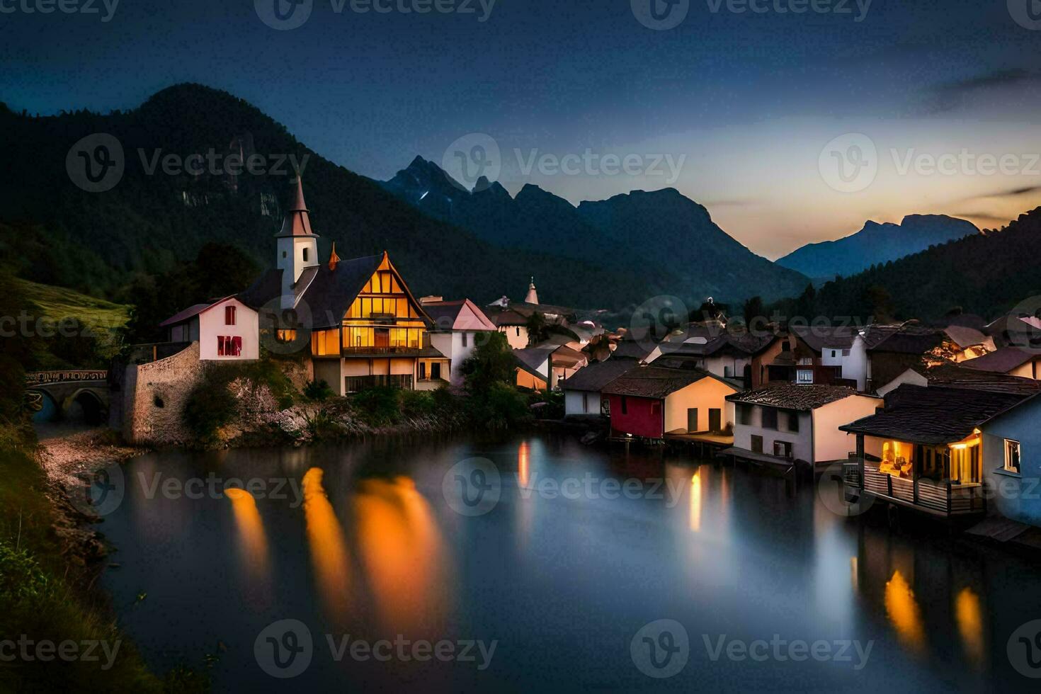 foto sfondo il cielo, montagne, acqua, il villaggio, il fiume, il montagne, il. ai-generato