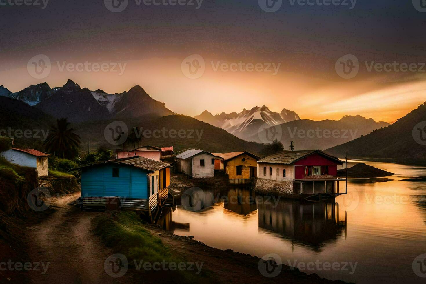 case su il riva di un' lago a tramonto. ai-generato foto