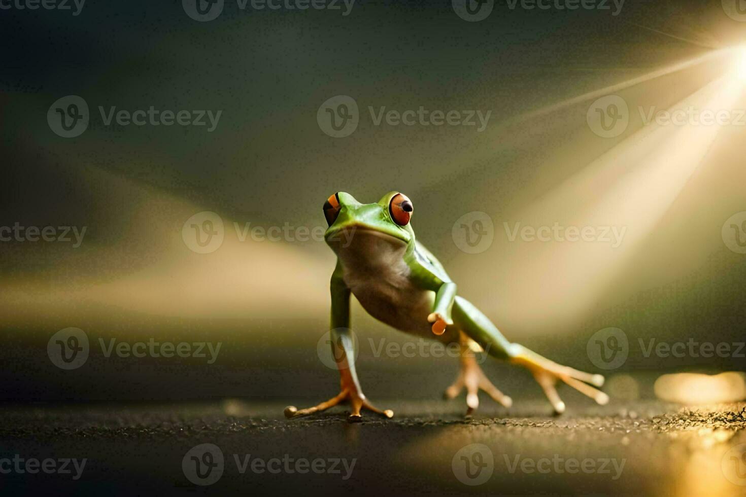 un' rana è in piedi su un' buio superficie con un' luminosa leggero dietro a esso. ai-generato foto
