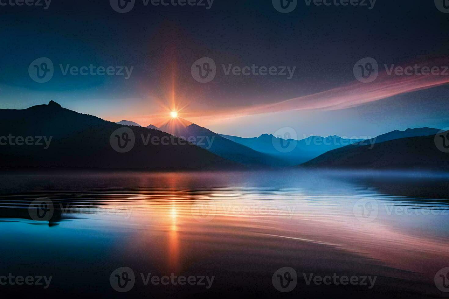 Alba al di sopra di il montagne, lago, acqua, montagne, HD sfondo. ai-generato foto