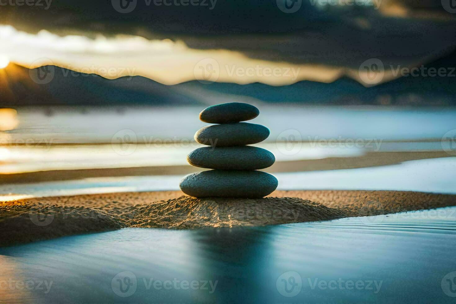 un' pila di pietre su il spiaggia a tramonto. ai-generato foto