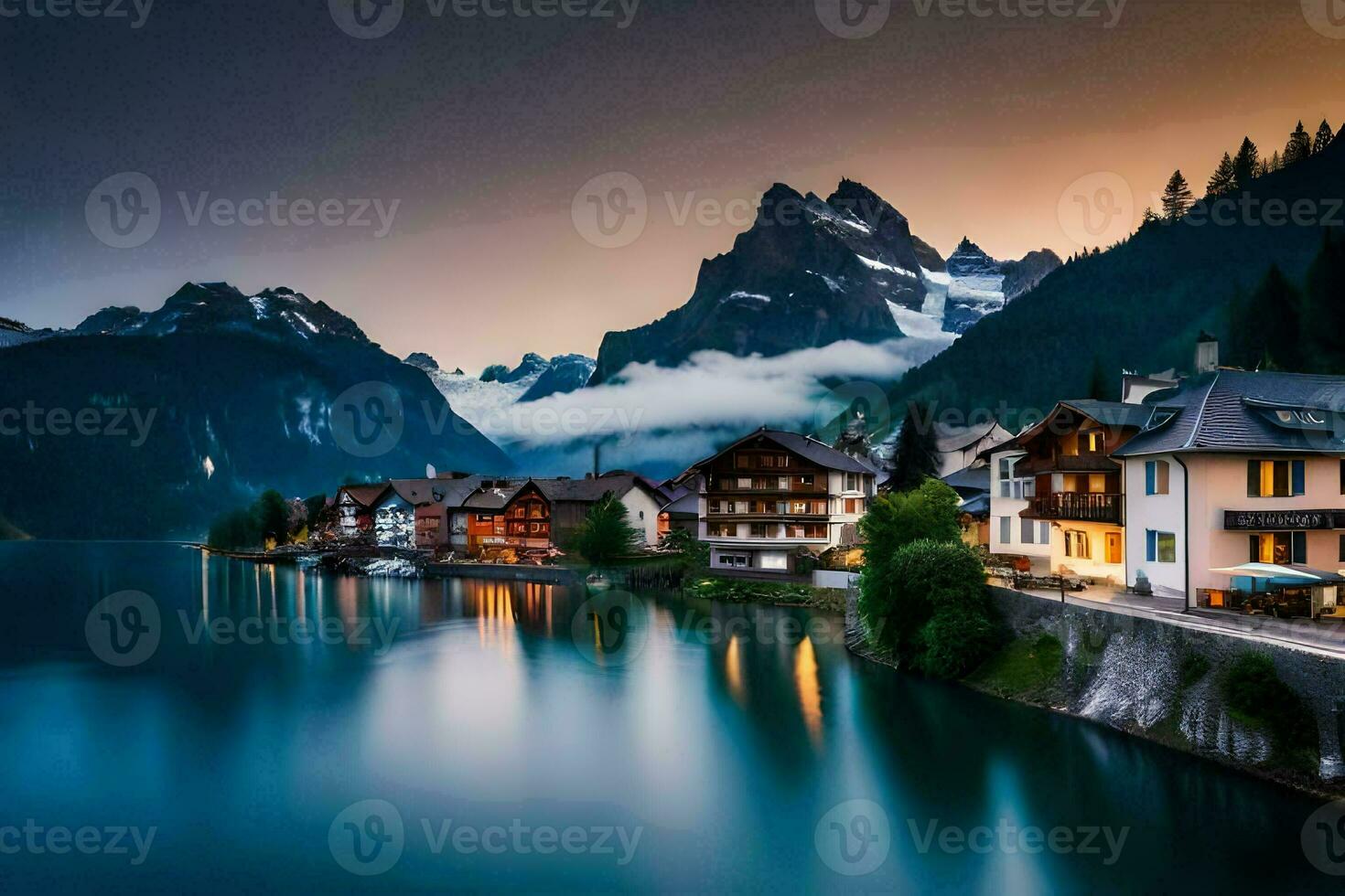 un' lago e case nel il montagne a tramonto. ai-generato foto