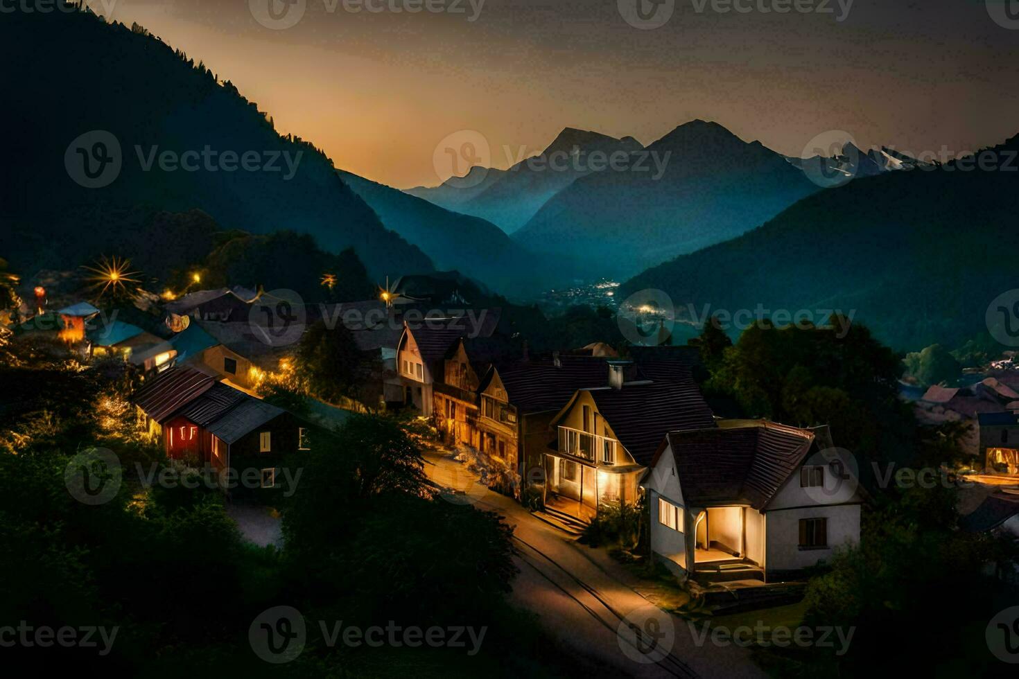 un' villaggio a crepuscolo nel il montagne. ai-generato foto