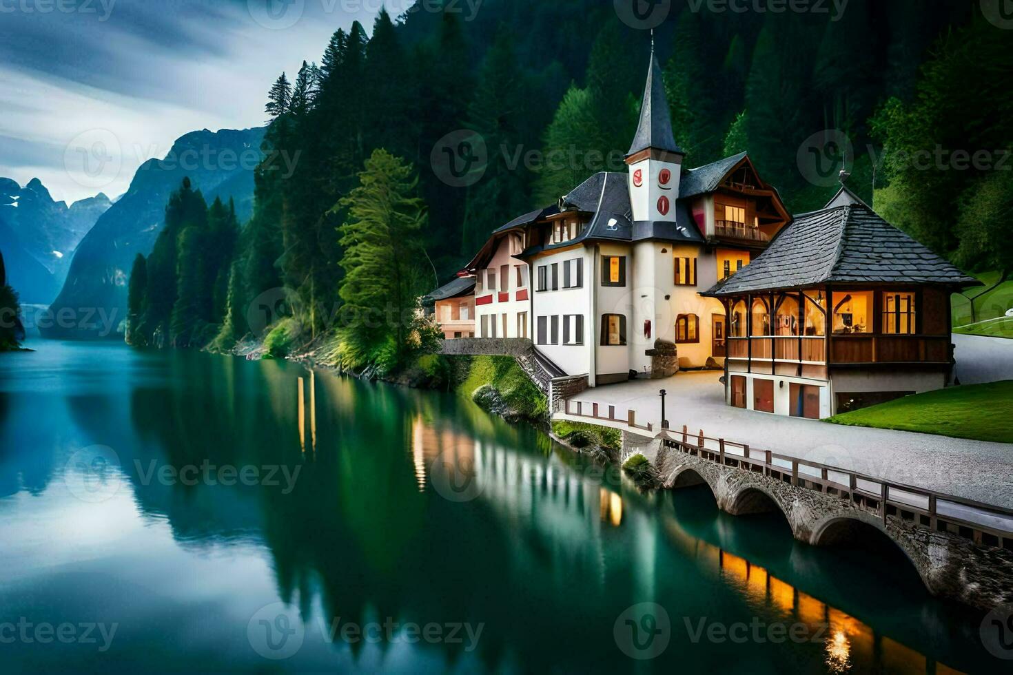 un' Casa si siede su il lato di un' lago. ai-generato foto