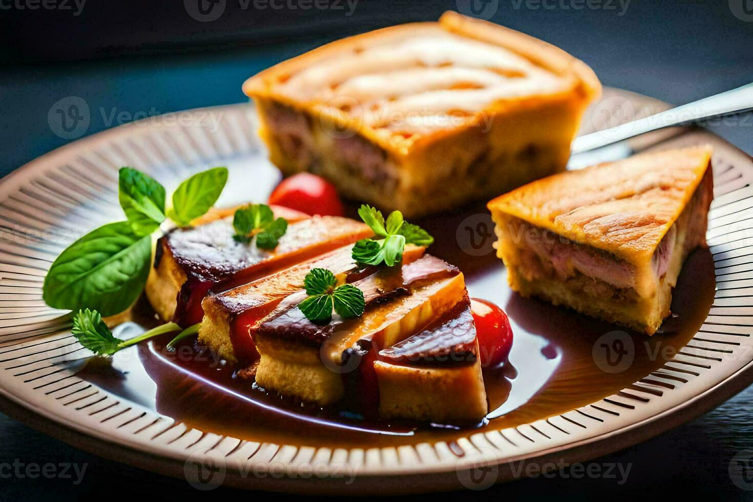 un' piatto con un' fetta di torta e un' fetta di torta. ai-generato foto