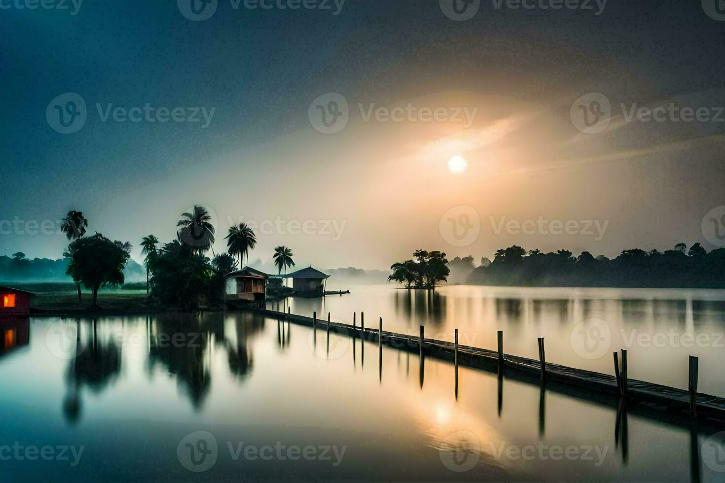 un' bellissimo Alba al di sopra di il acqua. ai-generato foto