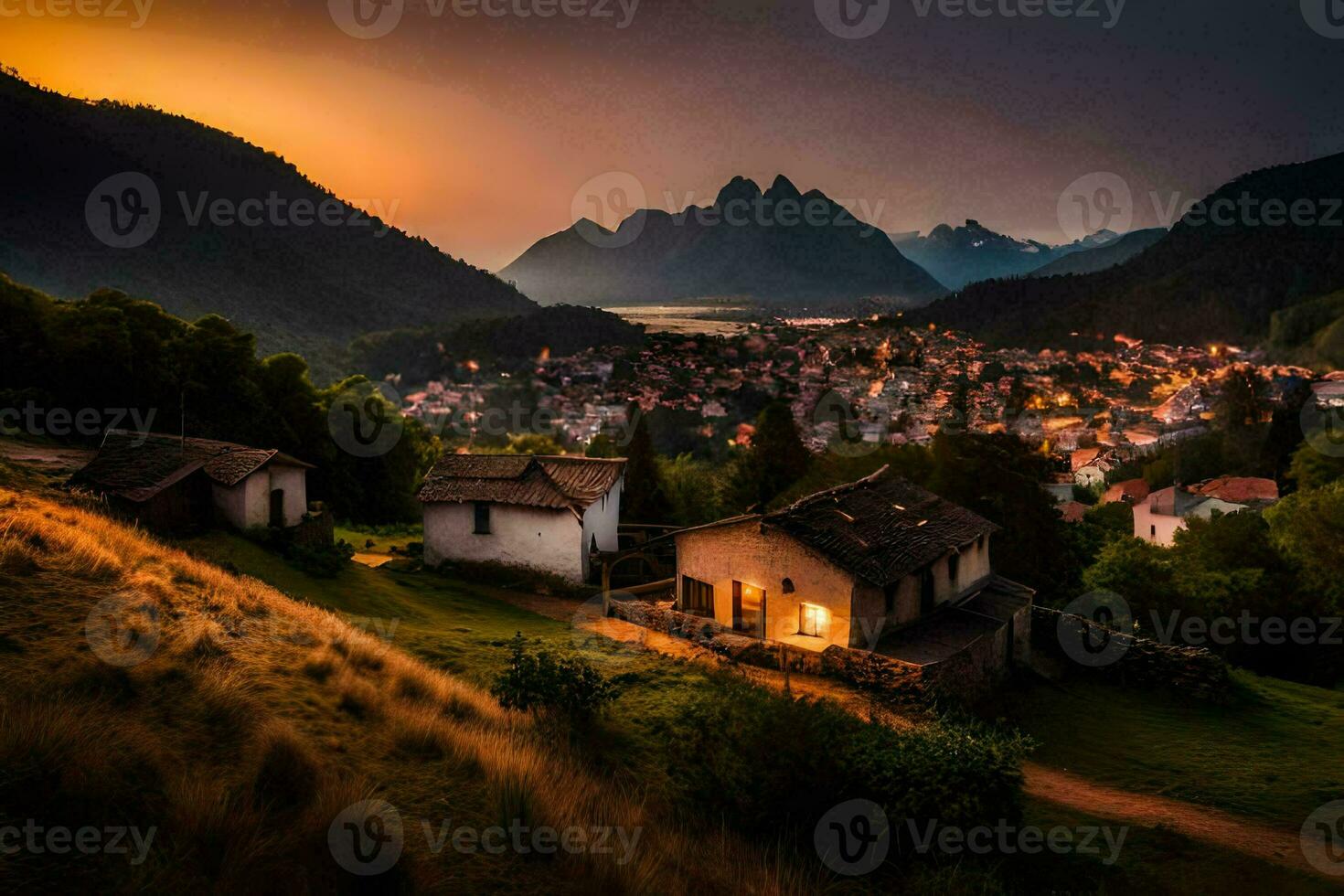 un' villaggio nel il montagne a tramonto. ai-generato foto