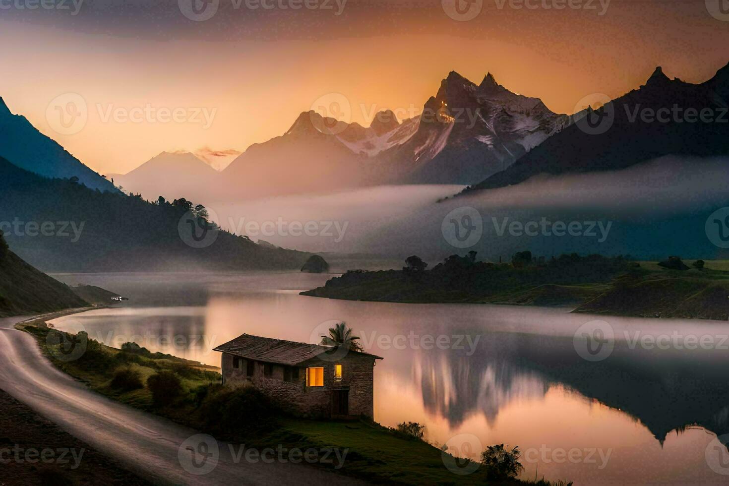 un' Casa si siede su il lato di un' lago a tramonto. ai-generato foto