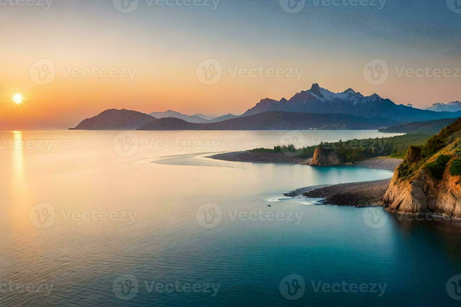 il sole imposta al di sopra di il oceano e montagne. ai-generato foto