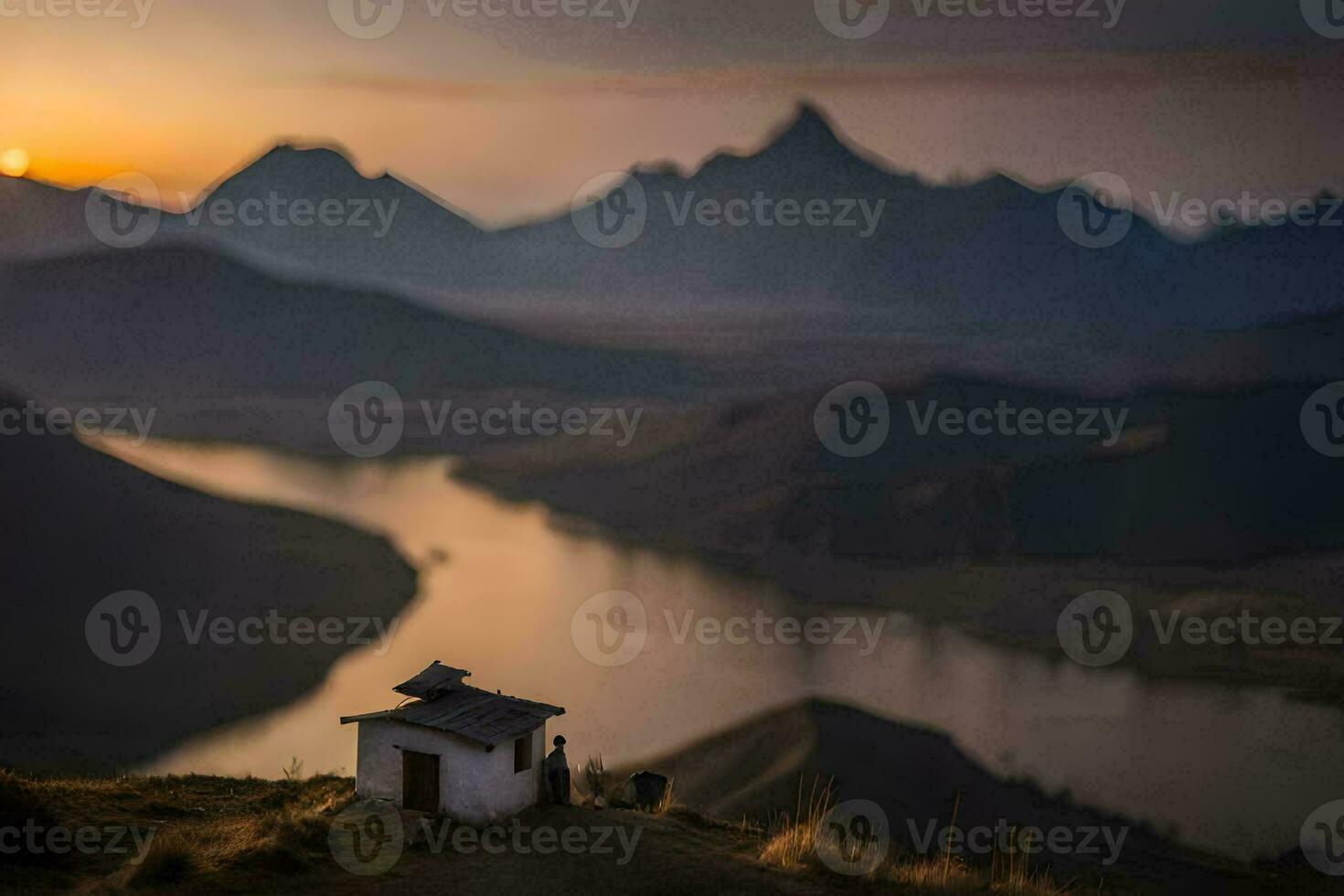 un' piccolo Casa si siede su superiore di un' collina prospiciente un' fiume. ai-generato foto