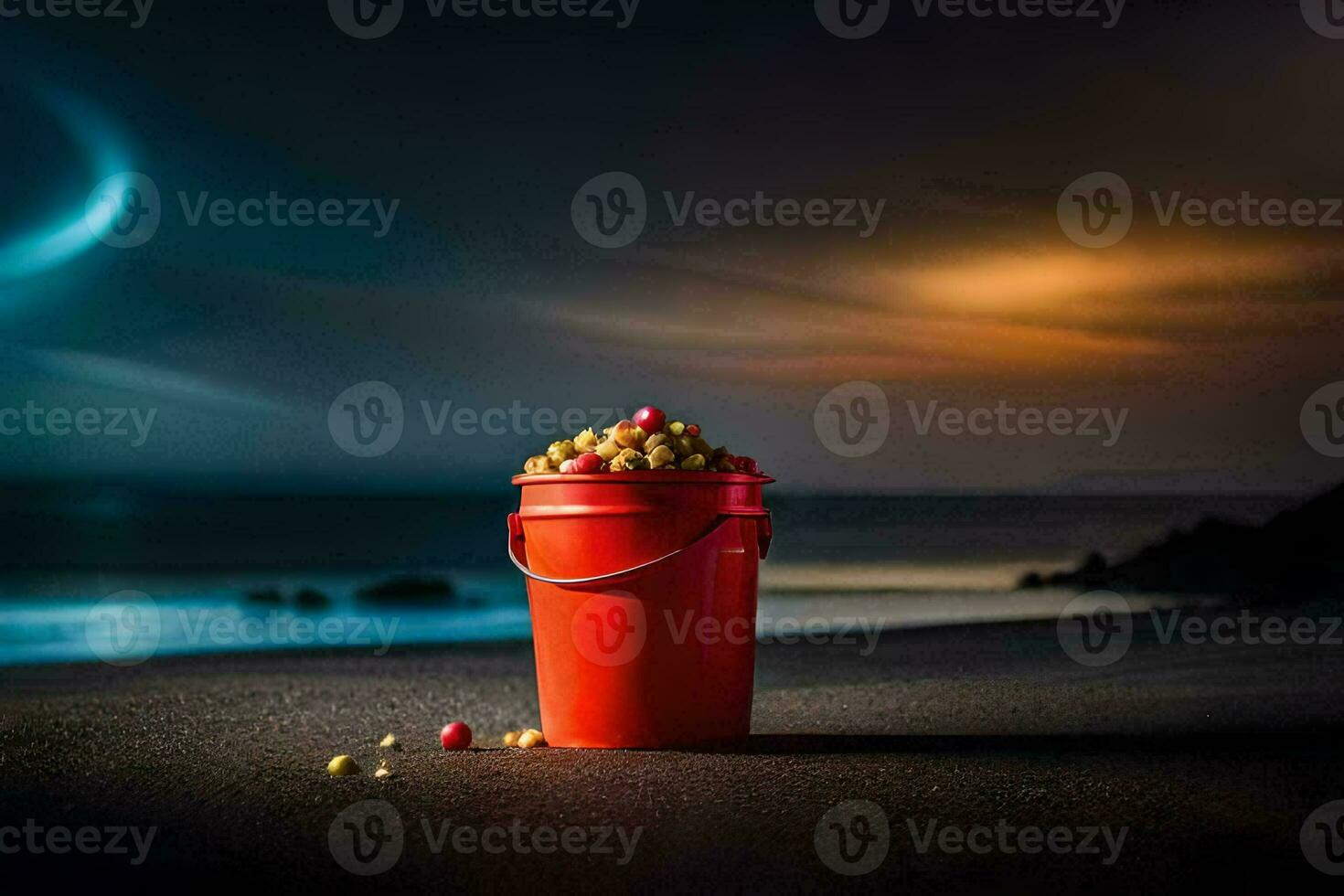 un' secchio di Popcorn su il spiaggia a notte. ai-generato foto