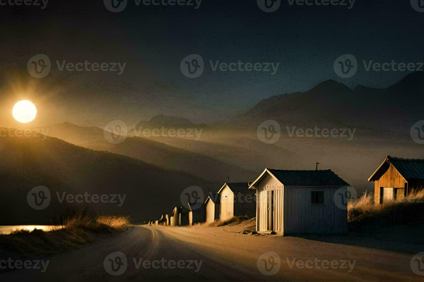 foto sfondo il cielo, montagne, spiaggia, il sole, il Luna, il spiaggia, il. ai-generato