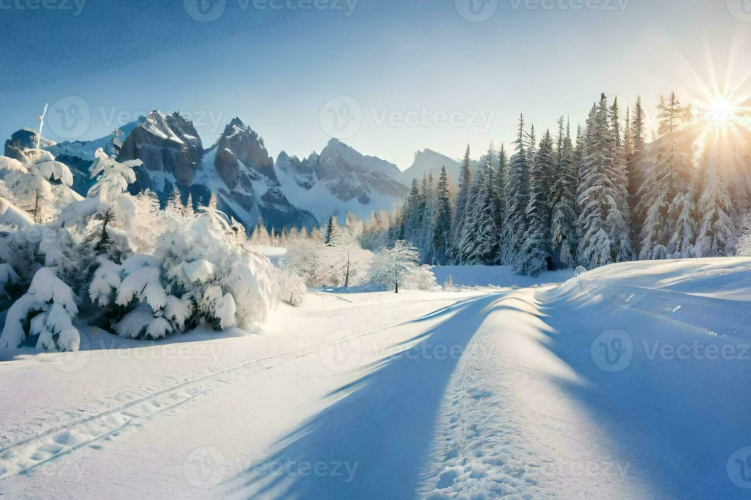 neve coperto alberi e montagne nel il sole. ai-generato foto