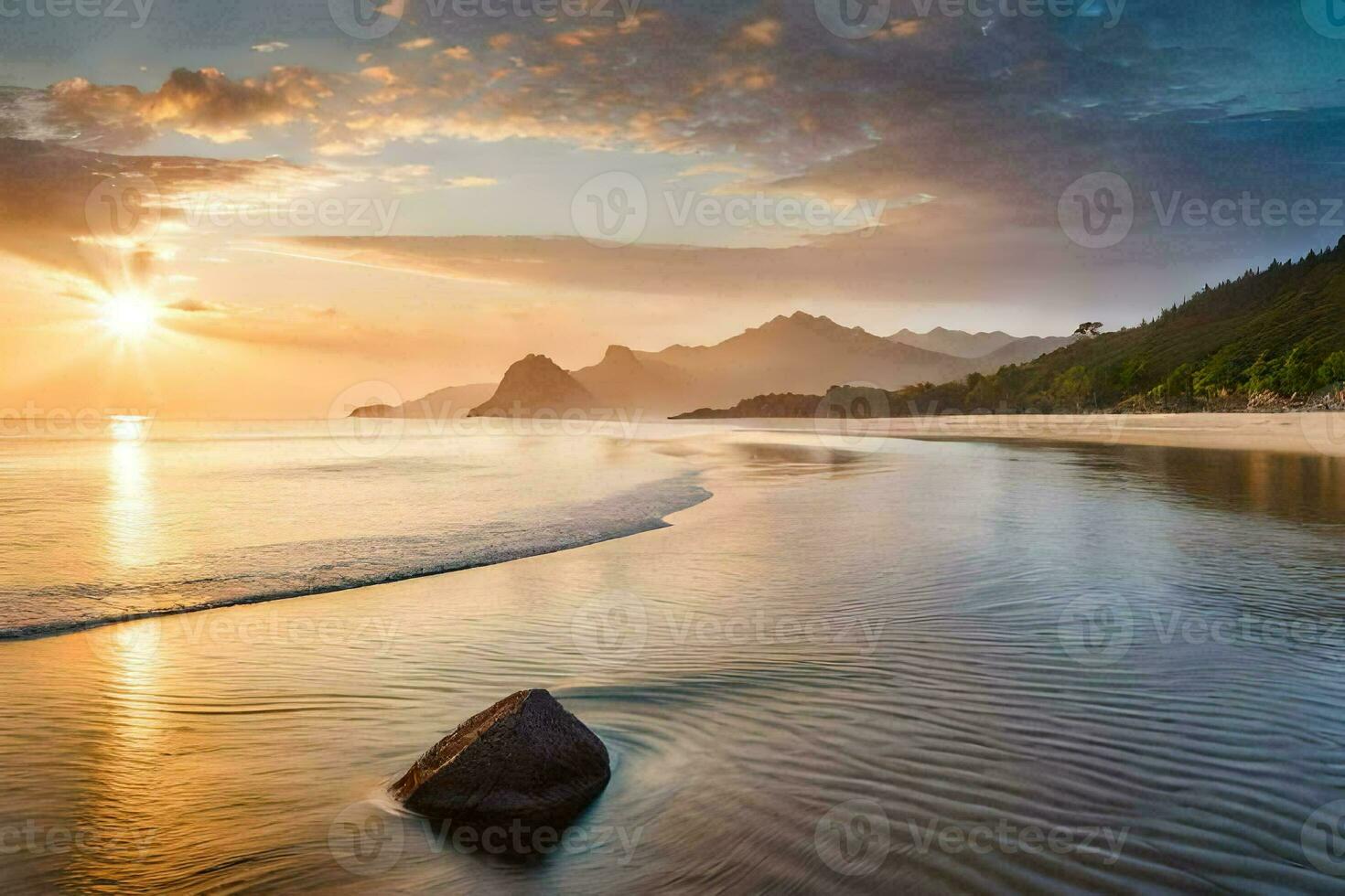 il sole imposta su il spiaggia nel il sfondo. ai-generato foto