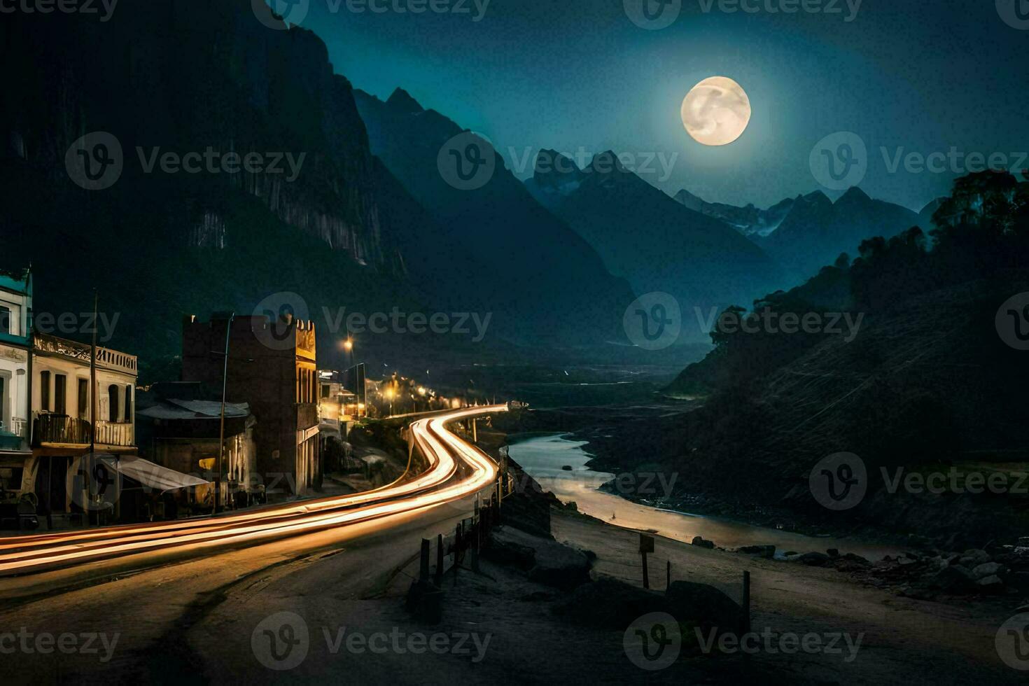 un' pieno Luna brilla al di sopra di un' fiume e cittadina a notte. ai-generato foto